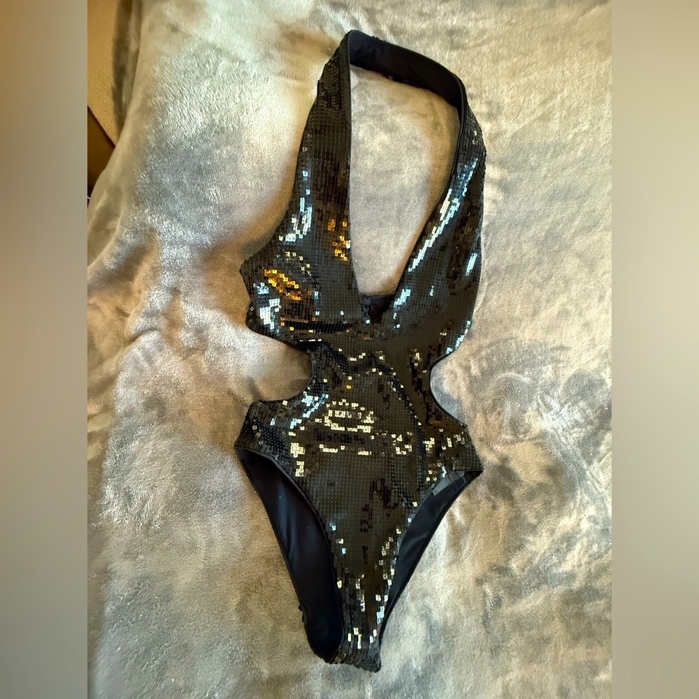 Saint Laurent Shimmering Black Sequin Bodysuit